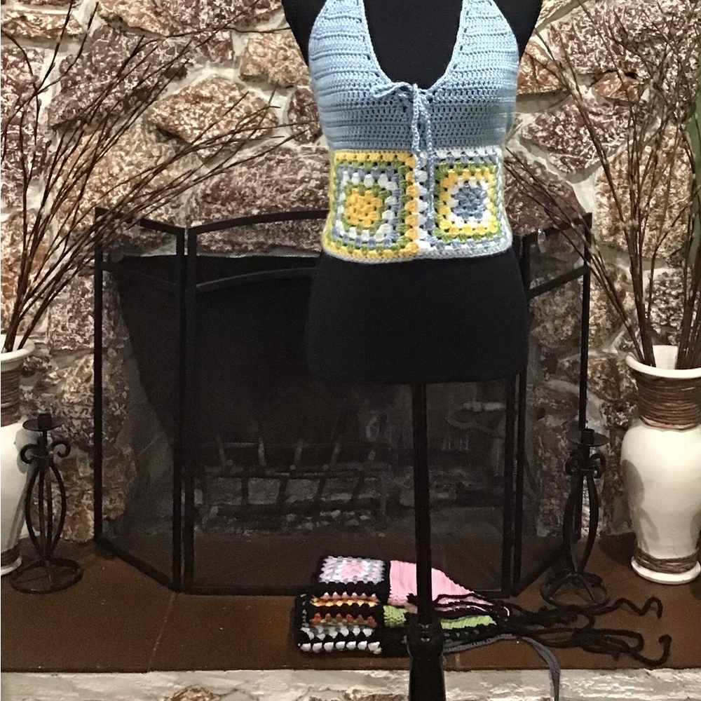 crocheted “granny square” stitch halter top. lace up front and back